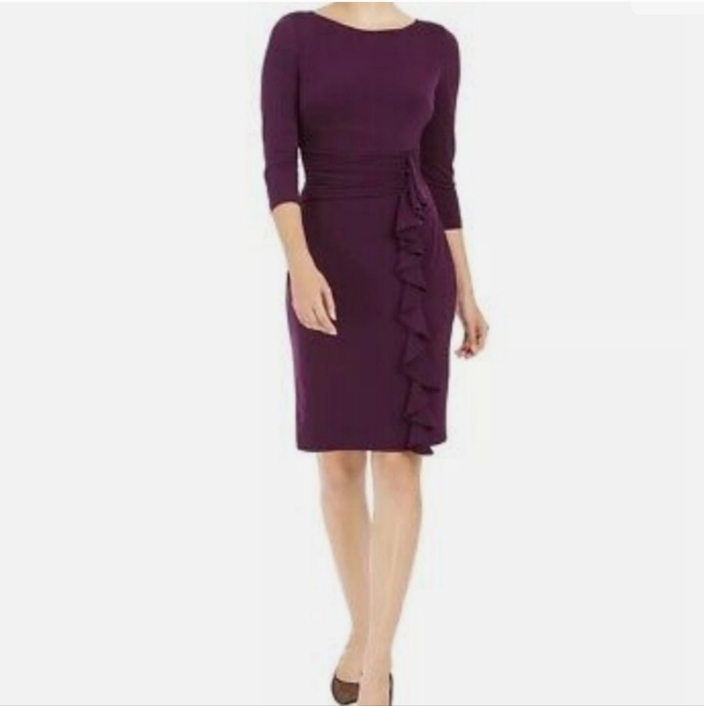 Jessica Howard 3/4 Sleeve Jersey Sheath Cascade Ruffle Dress Purple Womens 8